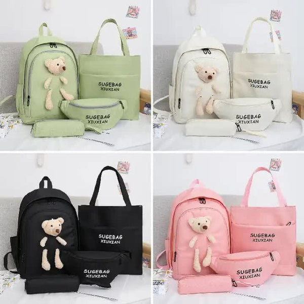 Black Cute Little Bear Girls' Backpack Set Korean Style Large Capacity School Bag For High & Middle Students 4 Piece Women's Bags & Handbags