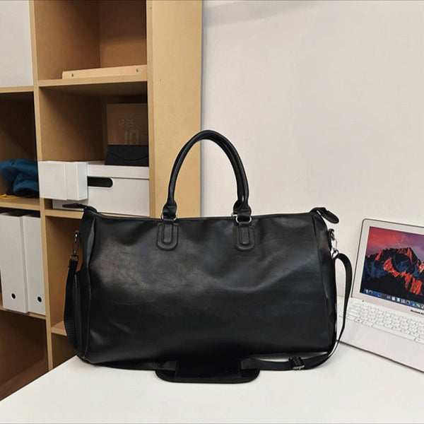 Elosung Black Solid Color Unisex Large Capacity Fitness Bag Leather Sports Crossbody Travel Gym And Luggage Handbag Women's Bags & Handbags