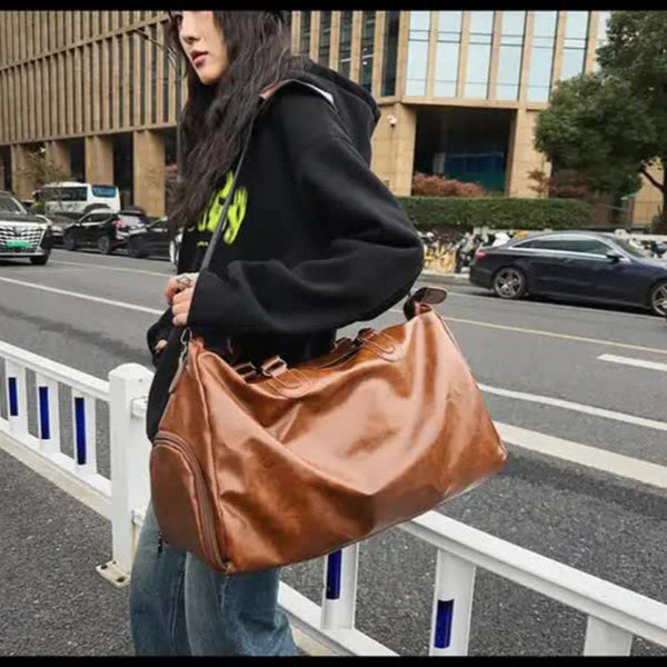 Elosung Black Solid Color Unisex Large Capacity Fitness Bag Leather Sports Crossbody Travel Gym And Luggage Handbag Women's Bags & Handbags