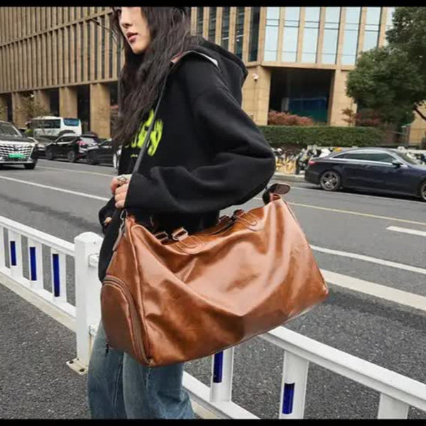Brown Solid Color Unisex Large Capacity Fitness Bag Leather Sports Crossbody Travel Gym And Luggage Handbag Backpacks & Bags
