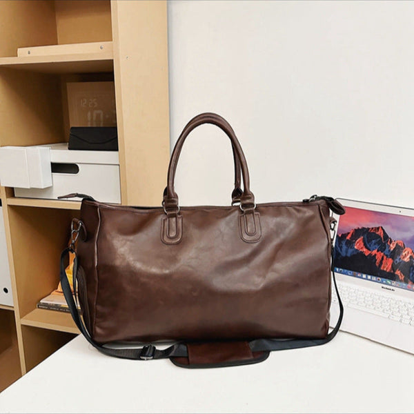 Elosung Dark Brown Solid Color Unisex Large Capacity Fitness Bag Leather Sports Crossbody Travel Gym And Luggage Handbag Gym Bags