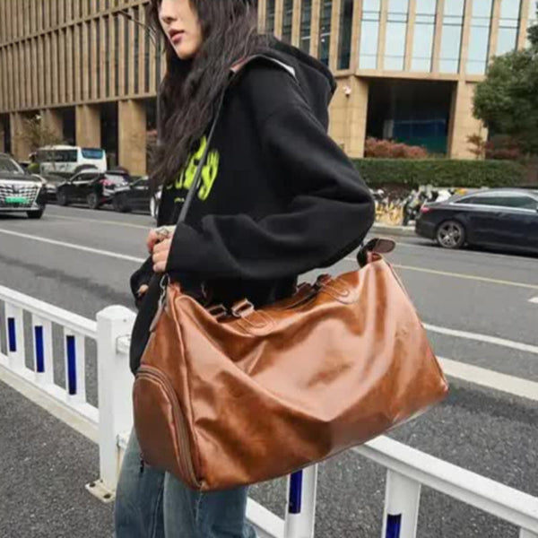 Elosung Dark Brown Solid Color Unisex Large Capacity Fitness Bag Leather Sports Crossbody Travel Gym And Luggage Handbag Gym Bags