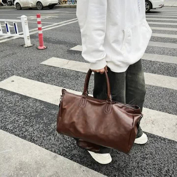 Elosung Dark Brown Solid Color Unisex Large Capacity Fitness Bag Leather Sports Crossbody Travel Gym And Luggage Handbag Gym Bags