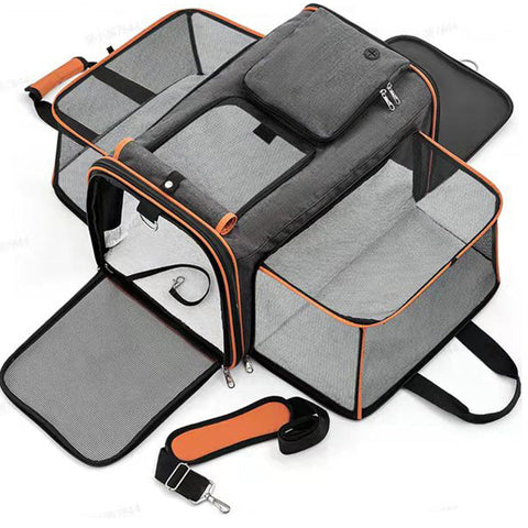 Elosung Gray Orange Foldable Portable Pet Carrier Bag Large Capacity Travel Backpack For Cats And Small Dogs Expandable Handheld Outdoor Adventures Pe