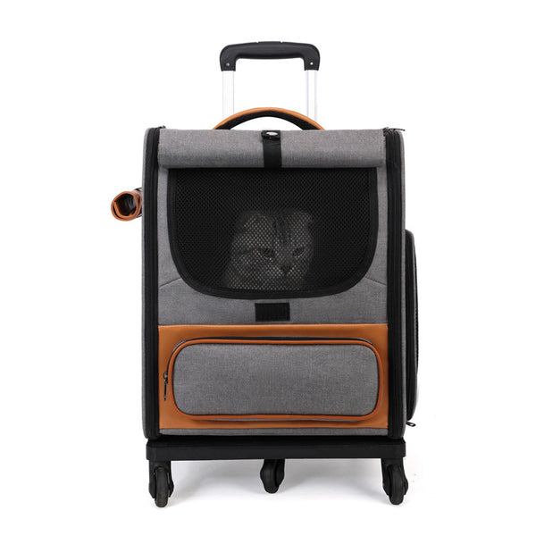 Grey Large Capacity Breathable Foldable Pet Trolley Travel Cat Carrier With Wheels Portable Spacious And Convenient For Two Cats Pet Transport