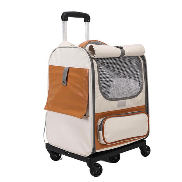 Off White Large Capacity Breathable Foldable Pet Trolley Travel Cat Carrier With Wheels Portable Spacious And Convenient For Two Cats Pet Transport