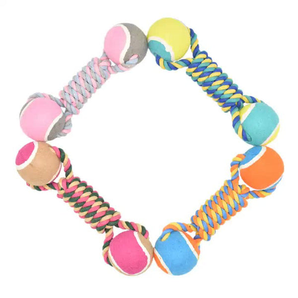 Elosung 2 Pcs Yellow Durable Cotton Rope And Tennis Ball Dog Toy Set Chew Resistant Tug Toys Dumbbell Perfect For Dogs Of All Sizes Dog Toys