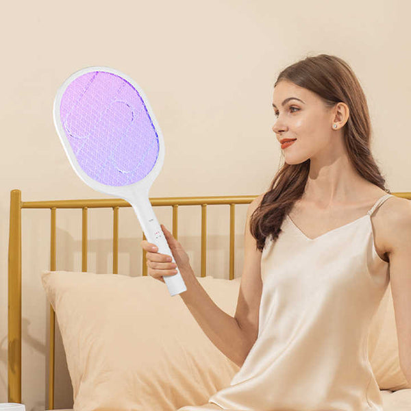White Rechargeable Electric Mosquito Racket 2 In 1 Killer With Lithium Battery Fly Swatter & Zapper For Home Use Insect Zappers