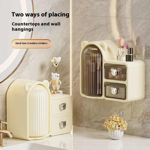 Elosung Brown Rotating Desktop Cosmetic Organiser High End Dustproof Wall Mounted Storage Box With Drawer For Vanity Makeup And Toiletries Storage Box