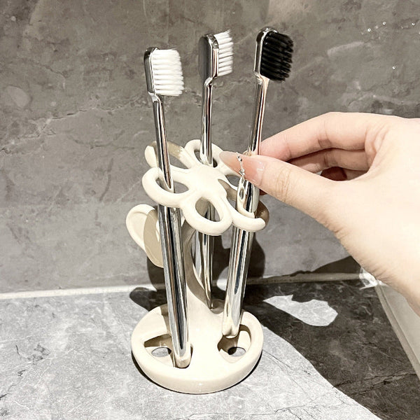 Elosung White Creative Ceramic Toothbrush Holder Makeup Brush & Eyebrow Pencil Organizer For Bathroom Stylish And Practical Stand Tumblers & Toothbrus