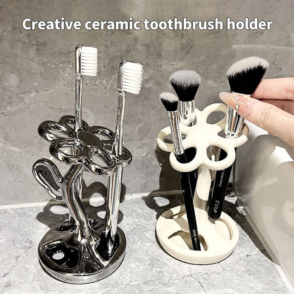 Elosung White Creative Ceramic Toothbrush Holder Makeup Brush & Eyebrow Pencil Organizer For Bathroom Stylish And Practical Stand Tumblers & Toothbrus