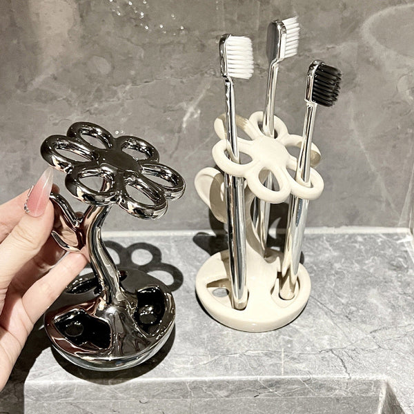 Elosung Black Creative Ceramic Toothbrush Holder Makeup Brush & Eyebrow Pencil Organizer For Bathroom Stylish And Practical Stand Toilet Brushes & Hol