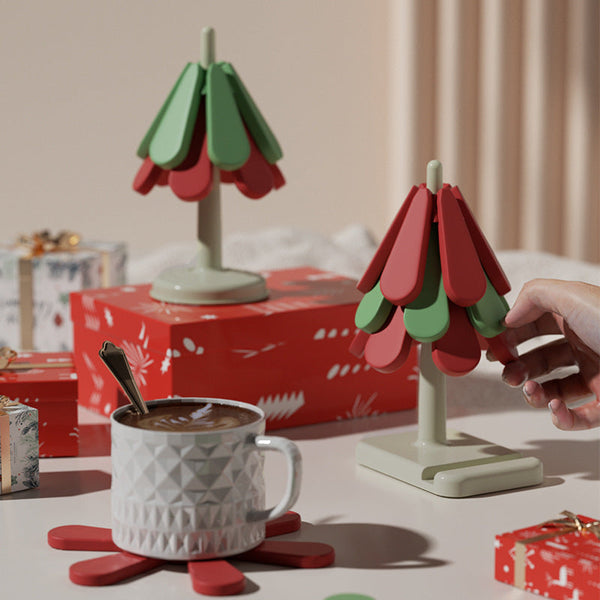 Elosung Round Base Red High Temperature Resistant Table Mat Household Teacup Anti Scalding Foldable Insulation Pot Shelf Christmas Tree Shape Placemat