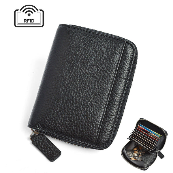 Elosung Black Genuine Leather Womens Wallet Short Accordion Card Holder With Rfid Protection Zippered Coin Purse In Cowhide Japanese Style Wallets