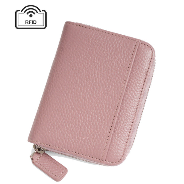 Elosung Pink Genuine Leather Womens Wallet Short Accordion Card Holder With Rfid Protection Zippered Coin Purse In Cowhide Japanese Style Wallets