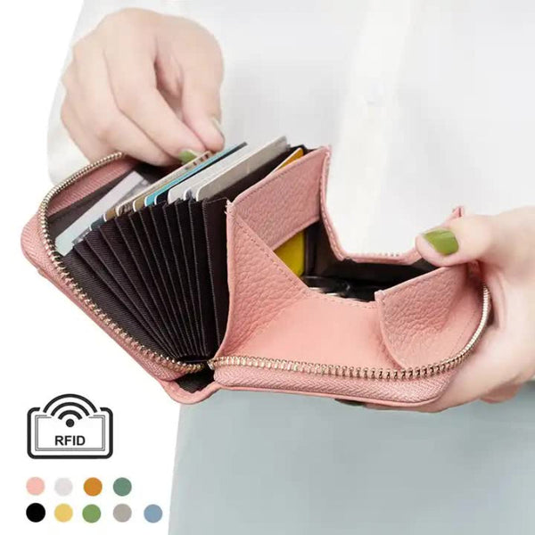Elosung Pink Genuine Leather Womens Wallet Short Accordion Card Holder With Rfid Protection Zippered Coin Purse In Cowhide Japanese Style Wallets