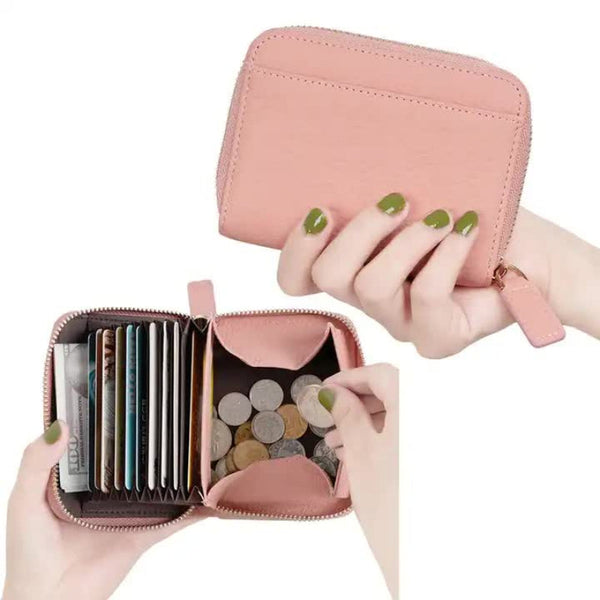Elosung Pink Genuine Leather Womens Wallet Short Accordion Card Holder With Rfid Protection Zippered Coin Purse In Cowhide Japanese Style Wallets