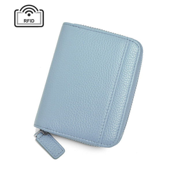 Elosung Blue Genuine Leather Women's Wallet Short Accordion Card Holder With Rfid Protection Zippered Coin Purse In Cowhide Japanese Style Wallets