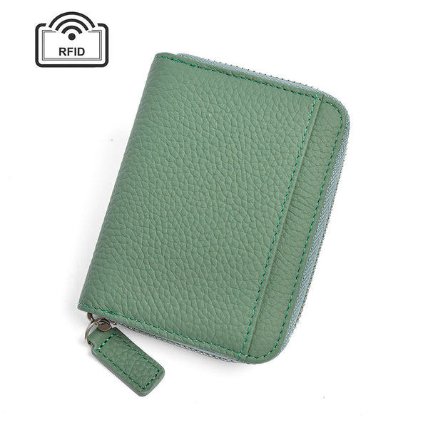 Elosung Green Genuine Leather Women's Wallet Short Accordion Card Holder With Rfid Protection Zippered Coin Purse In Cowhide Japanese Style Wallets