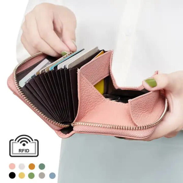 Elosung Green Genuine Leather Women's Wallet Short Accordion Card Holder With Rfid Protection Zippered Coin Purse In Cowhide Japanese Style Wallets