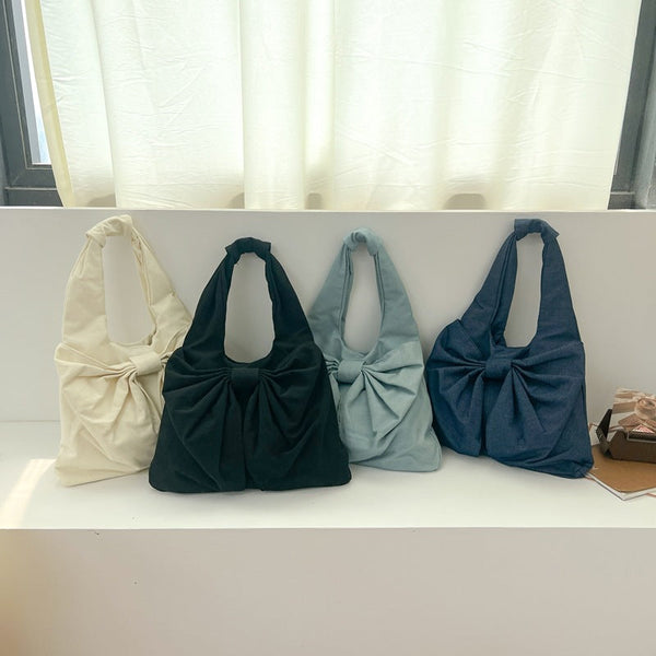 Elosung Black Women's Bowknot Shoulder Bag New Sweet Style Large Capacity Canvas Tote Commuter Single Handbag Women's Bags & Handbags
