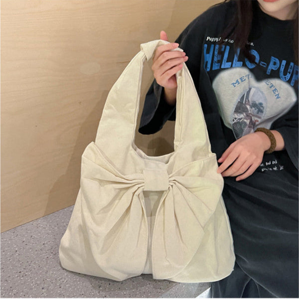 Elosung White Women's Bowknot Shoulder Bag New Sweet Style Large Capacity Canvas Tote Commuter Single Handbag Women's Bags & Handbags