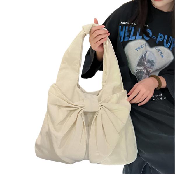 Elosung White Women's Bowknot Shoulder Bag New Sweet Style Large Capacity Canvas Tote Commuter Single Handbag Women's Bags & Handbags