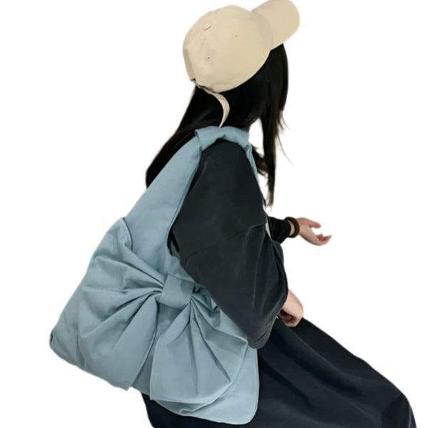 Elosung Blue Women's Bowknot Shoulder Bag New Sweet Style Large Capacity Canvas Tote Commuter Single Handbag Women's Bags & Handbags