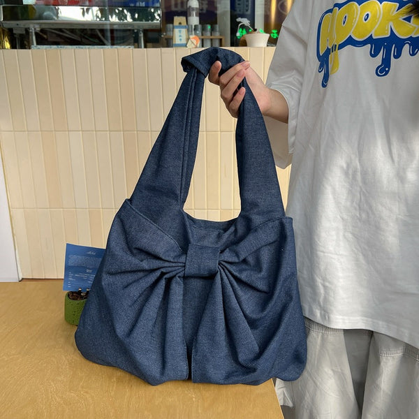 Elosung Blue Women's Bowknot Shoulder Bag New Sweet Style Large Capacity Canvas Tote Commuter Single Handbag Women's Bags & Handbags
