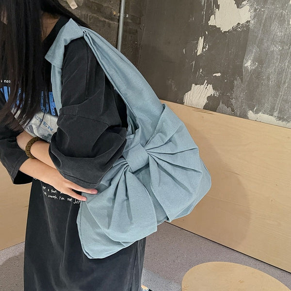 Elosung Blue Women's Bowknot Shoulder Bag New Sweet Style Large Capacity Canvas Tote Commuter Single Handbag Women's Bags & Handbags