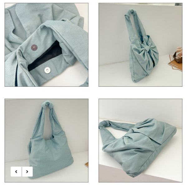 Elosung Blue Women's Bowknot Shoulder Bag New Sweet Style Large Capacity Canvas Tote Commuter Single Handbag Women's Bags & Handbags