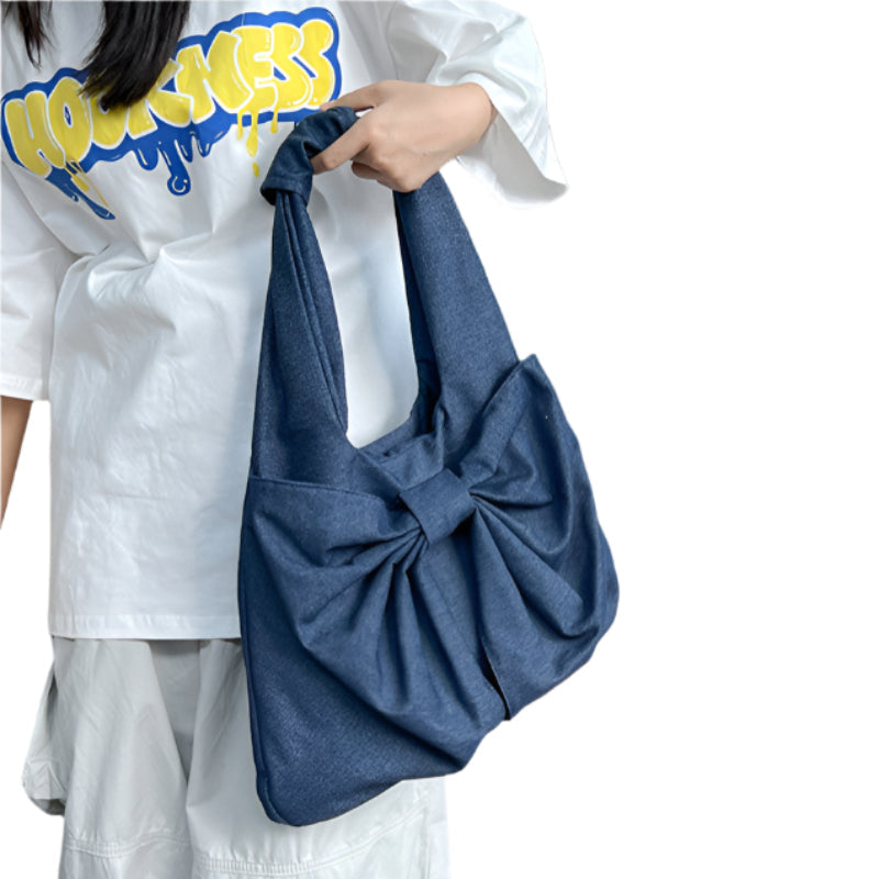 Elosung Dark Blue Women's Bowknot Shoulder Bag New Sweet Style Large Capacity Canvas Tote Commuter Single Handbag Women's Bags & Handbags