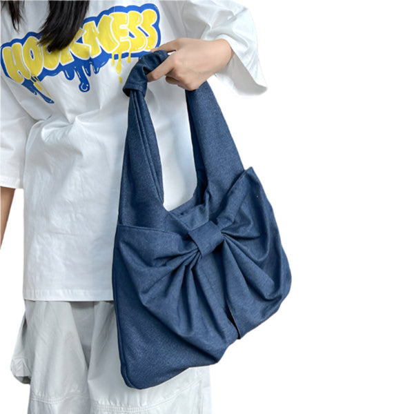Elosung Dark Blue Women's Bowknot Shoulder Bag New Sweet Style Large Capacity Canvas Tote Commuter Single Handbag Women's Bags & Handbags