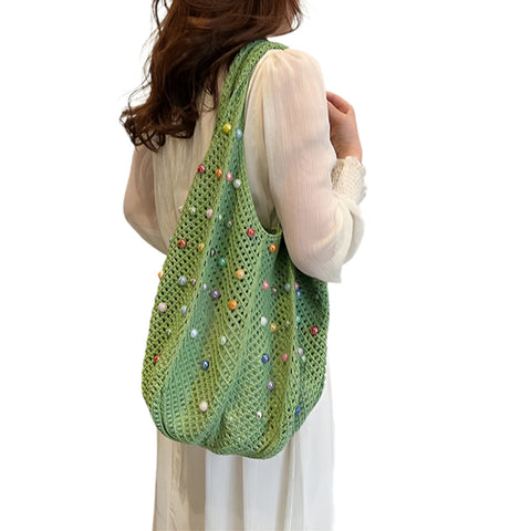 Elosung Green Summer Woven Handbag Hollow Straw Beach Tote With Colorful Beads Lazy Style Large Capacity Shoulder Bag For Vacation Women's Bags & Hand