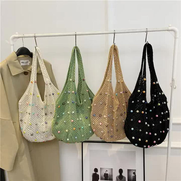 Elosung Green Summer Woven Handbag Hollow Straw Beach Tote With Colorful Beads Lazy Style Large Capacity Shoulder Bag For Vacation Women's Bags & Hand
