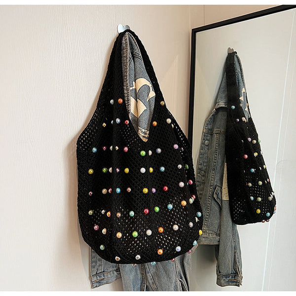 Elosung Black Summer Woven Handbag Hollow Straw Beach Tote With Colorful Beads Lazy Style Large Capacity Shoulder Bag For Vacation Women's Bags & Hand