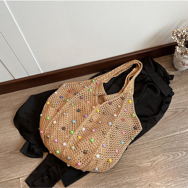Elosung Brown Summer Woven Handbag Hollow Straw Beach Tote With Colourful Beads Lazy Style Large Capacity Shoulder Bag For Vacation Women's Bags & Han