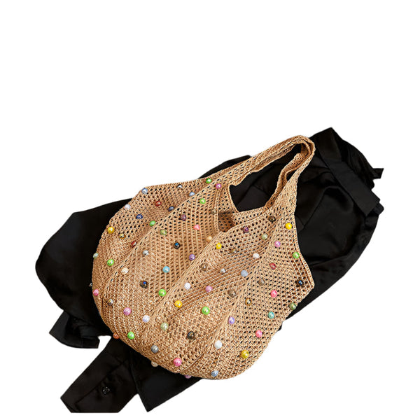 Elosung Brown Summer Woven Handbag Hollow Straw Beach Tote With Colourful Beads Lazy Style Large Capacity Shoulder Bag For Vacation Women's Bags & Han