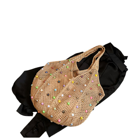 Elosung Brown Summer Woven Handbag Hollow Straw Beach Tote With Colourful Beads Lazy Style Large Capacity Shoulder Bag For Vacation Women's Bags & Han