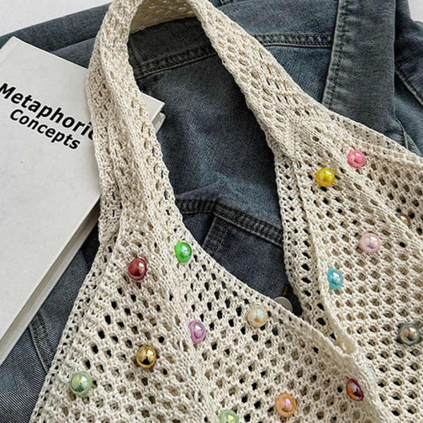 Elosung Brown Summer Woven Handbag Hollow Straw Beach Tote With Colourful Beads Lazy Style Large Capacity Shoulder Bag For Vacation Women's Bags & Han