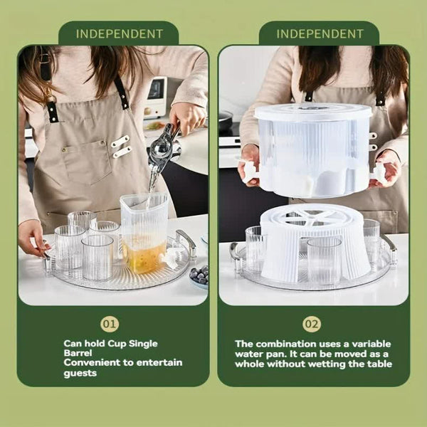 Elosung Water Bottle + 4 Cups Large Capacity Rotating Beverage Dispenser With Faucet Multi Compartment Refrigerator Jug For Juice Tea And Drinks Dispe