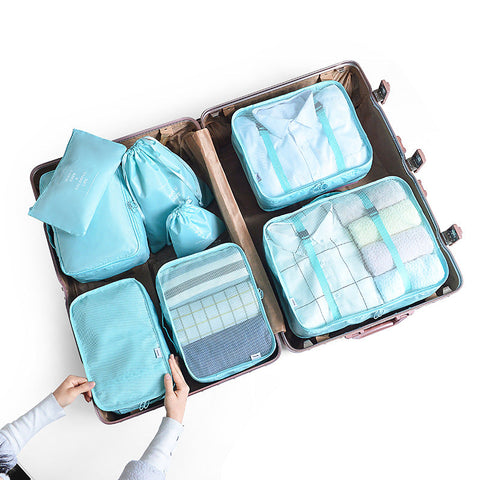 Elosung Light Blue 8 Piece Travel Organizer Set Packing Bags For Clothes Shoes Underwear And Toiletries With Drawstring Zip Pouches Packing Organisers