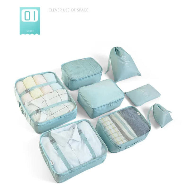 Elosung Light Blue 8 Piece Travel Organizer Set Packing Bags For Clothes Shoes Underwear And Toiletries With Drawstring Zip Pouches Packing Organisers