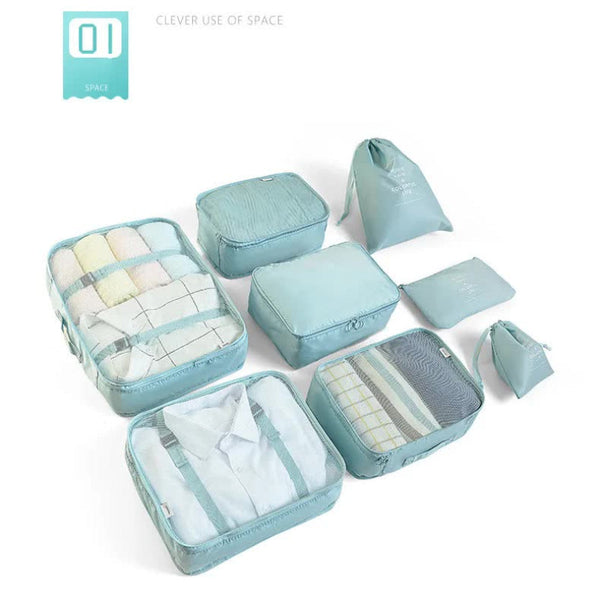 Elosung Off White 8 Piece Travel Organizer Set Packing Bags For Clothes Shoes Underwear And Toiletries With Drawstring Zip Pouches Packing Organisers