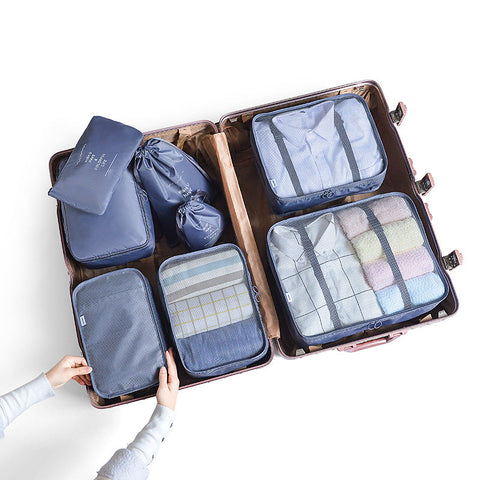 Elosung Gray Blue 8 Piece Travel Organizer Set Packing Bags For Clothes Shoes Underwear And Toiletries With Drawstring Zip Pouches Packing Organisers