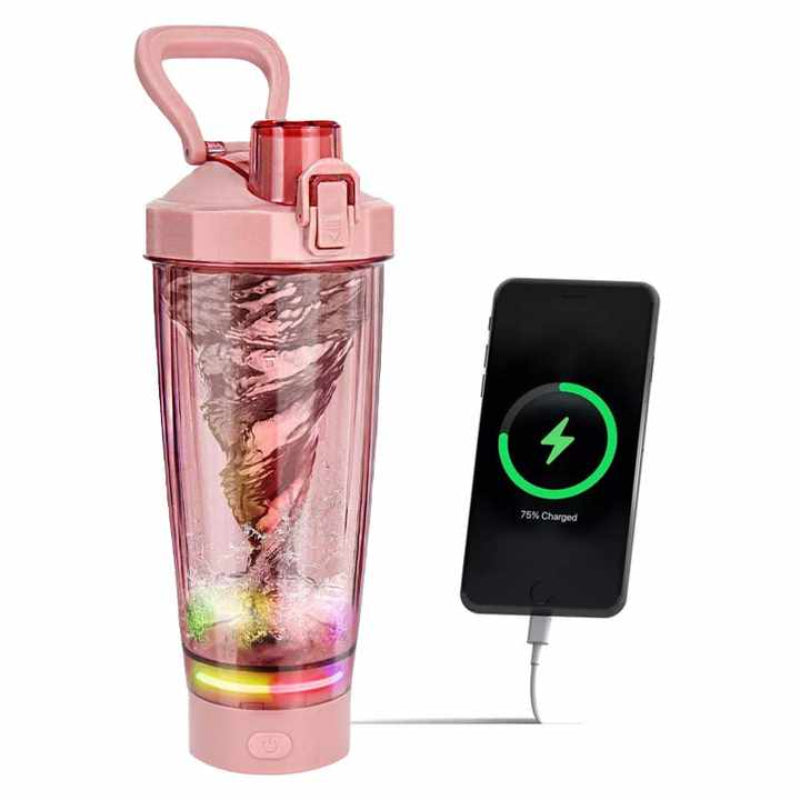 Elosung Pink Portable Electric Shaker Bottle With Led Light 550Ml Sports Protein Mixer Cup For Gym And Travel Shake Bottles & Mixers