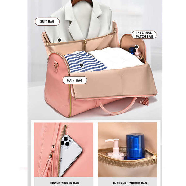 Elosung Pink Pu Leather Foldable Garment Bag Women's Travel Duffel With Suit Carrier Multi Function Storage Garment Bags
