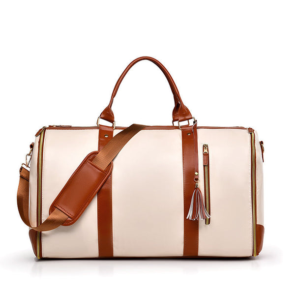 Elosung White And Brown Pu Leather Foldable Garment Bag Women's Travel Duffel With Suit Carrier Multi Function Storage Duffle Bags