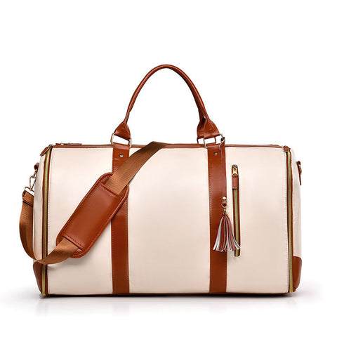 Elosung White And Brown Pu Leather Foldable Garment Bag Women's Travel Duffel With Suit Carrier Multi Function Storage Duffle Bags