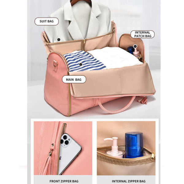 Elosung White And Brown Pu Leather Foldable Garment Bag Women's Travel Duffel With Suit Carrier Multi Function Storage Duffle Bags